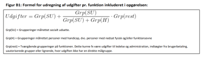 Formel der viser udregningsmetoden. Udgifter = Grp(SU) + Grp(SU) / Grp(SU) + Grp(SU) + Grp(H) * Grp(rest)